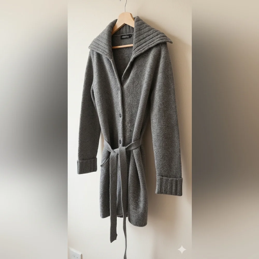 Relativity 100% Lambswool Grey Belted Longline Cardigan Sweater Size M - Picture 3 of 9